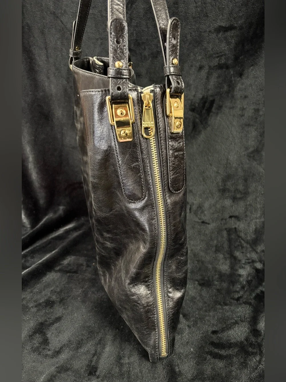 Badgley Mischka Black Genuine Leather Expandable Tote Shoulder Bag